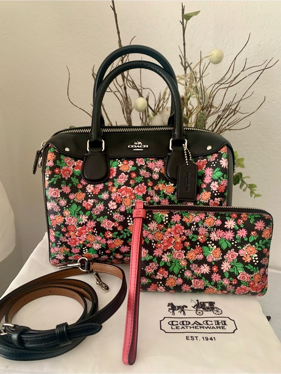 Coach Handbags - Coach Floral Mini Bennett Print Dome Satchel with Wristlet - Black & Pink